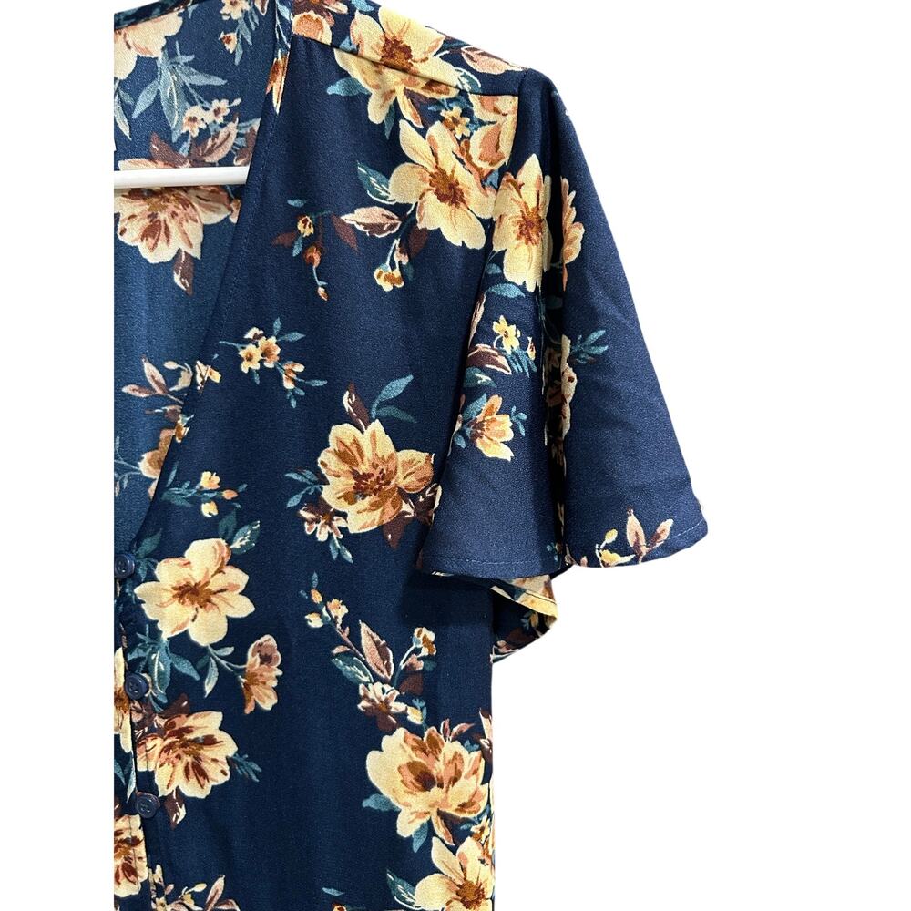 Xhilaration Blue Yellow Floral Mini Dress Ruffle Hem Flutter Sleeve Pockets L - Picture 12 of 14